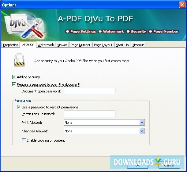 Settings Dialog with Security Options