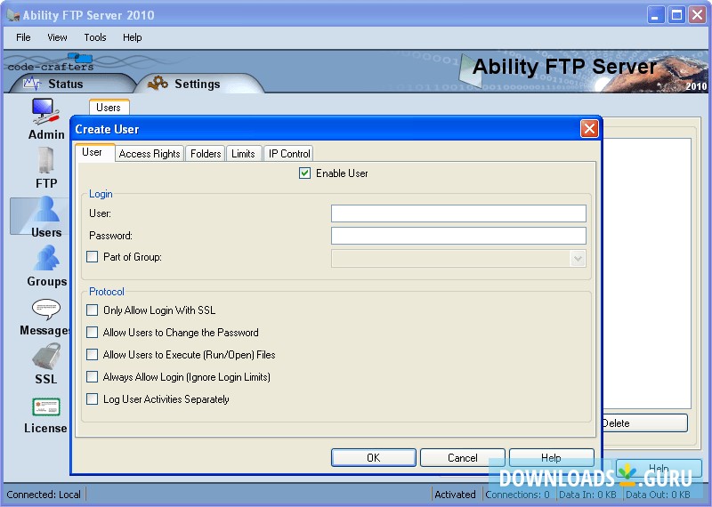 Window for adding a user. It allows to fully customize permissions.