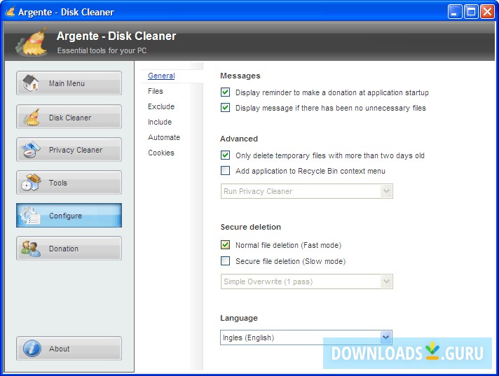 Argente Configure screen