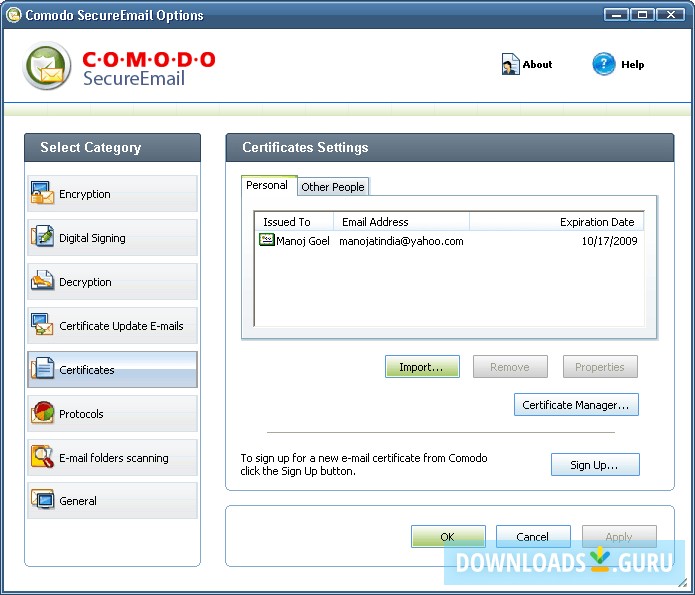 Certificates Settings window