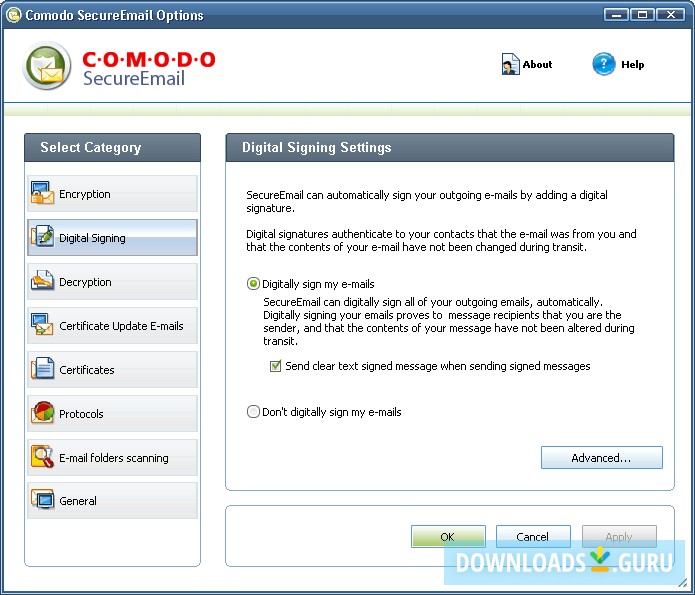 Digital Signing Settings Window