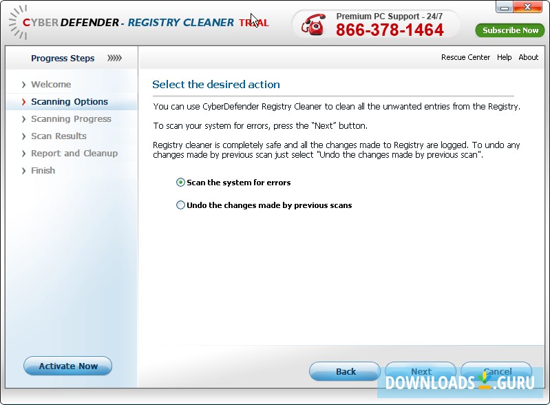 Scanning Options window