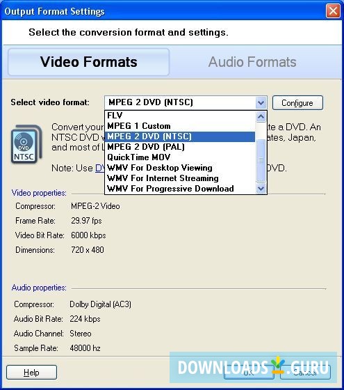 Output format settings (video)