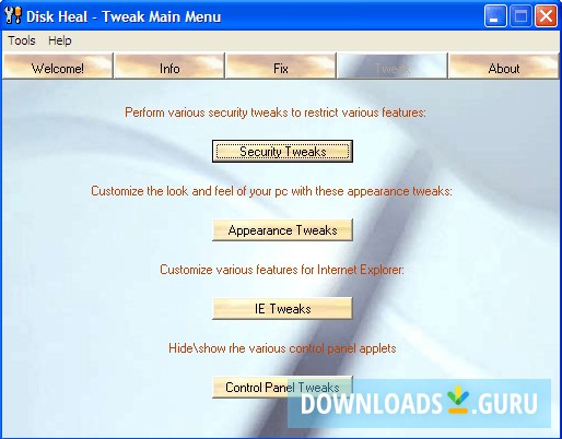 Disk Heal Tweak main menu