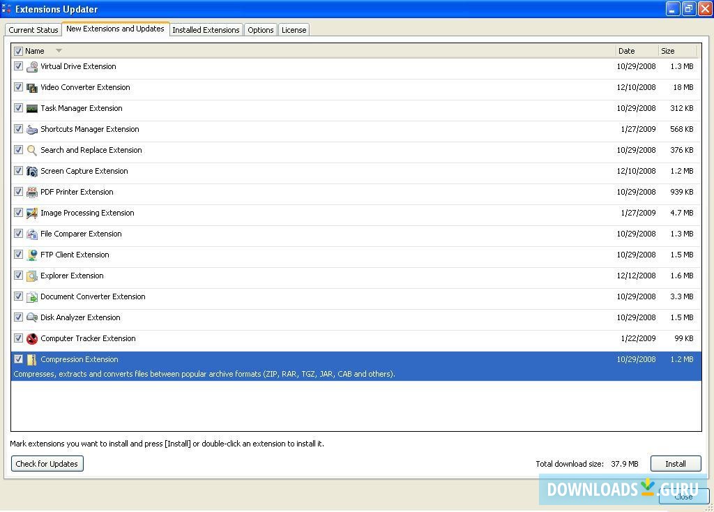 List of extensions available