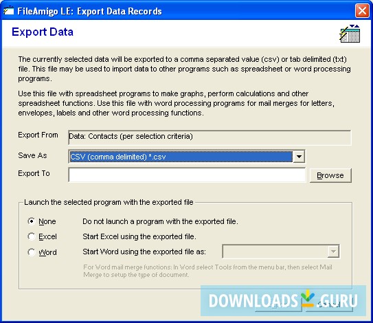 Export Data Records Screen
