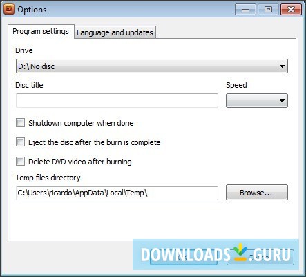 Options Window - Program Settings Tab