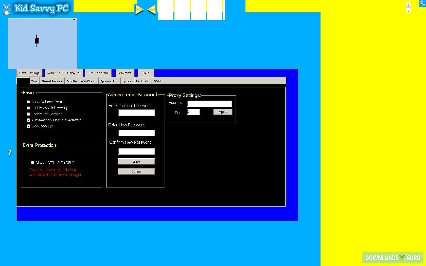 A separate administrator screen with password protection is available.