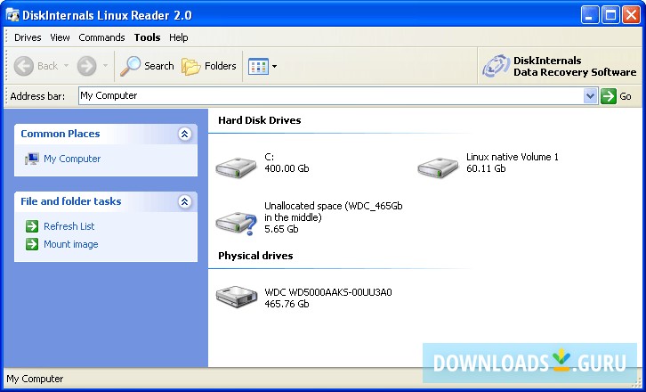 The main window shows the Linux partitions and disks actually connected.