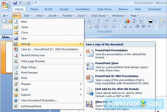 MS PowerPoint 2007 Ribbon to Old Classic Menu Toolbar Interface