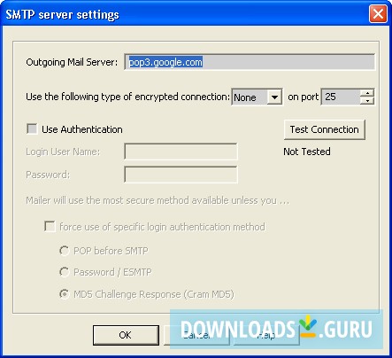 SMTP Server Settings Window