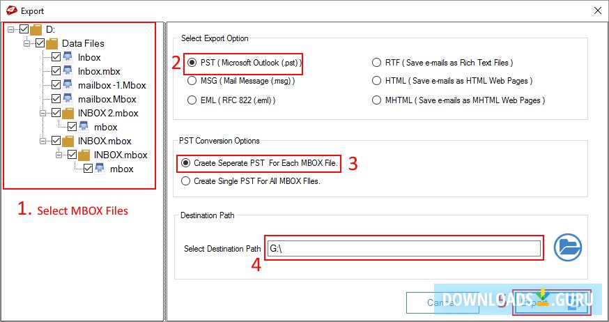 Export mbox to pst