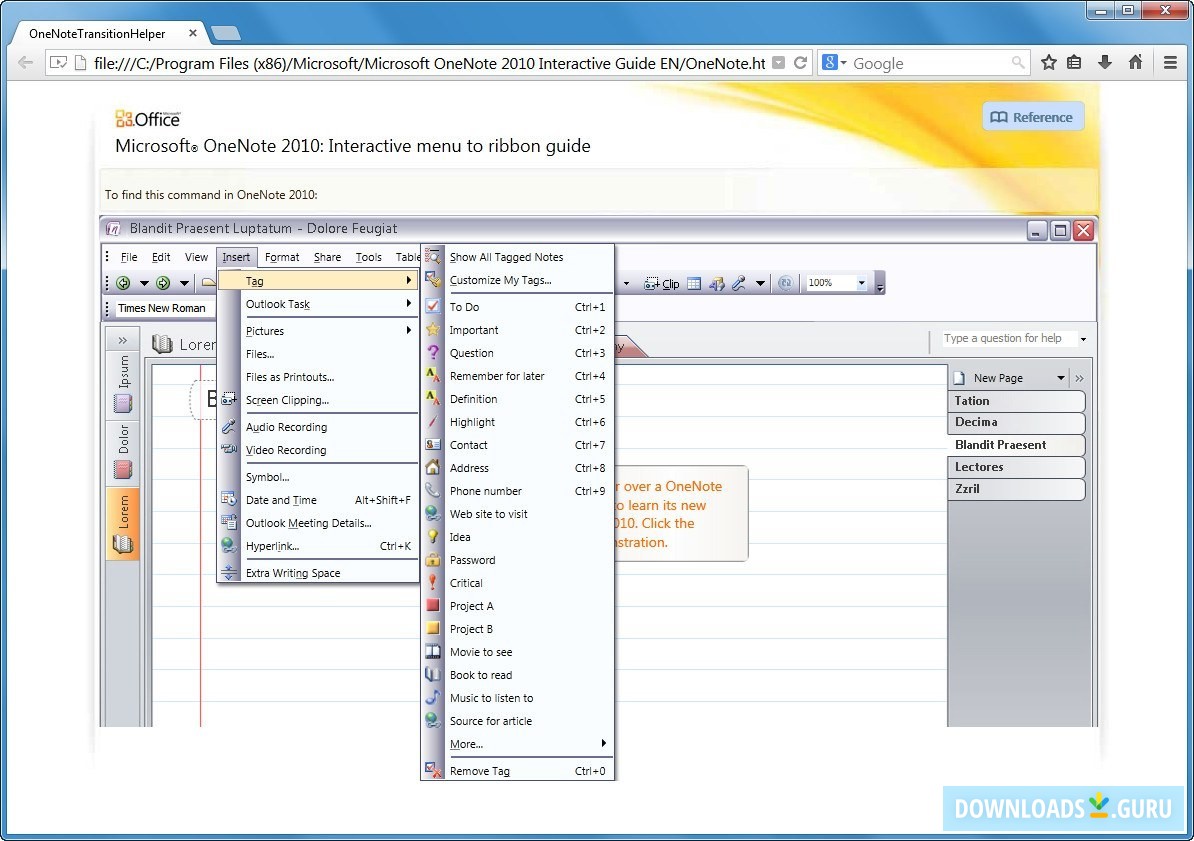 Microsoft OneNote 2010: Interactive menu to ribbon guide
