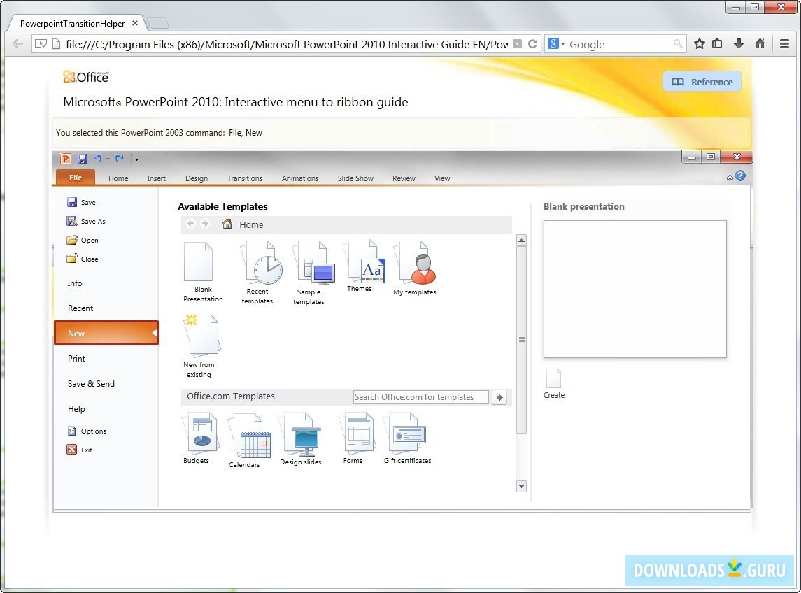 Microsoft PowerPoint 2010: Interactive menu to ribbon guide