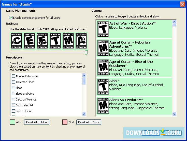 Games Filtering Screen