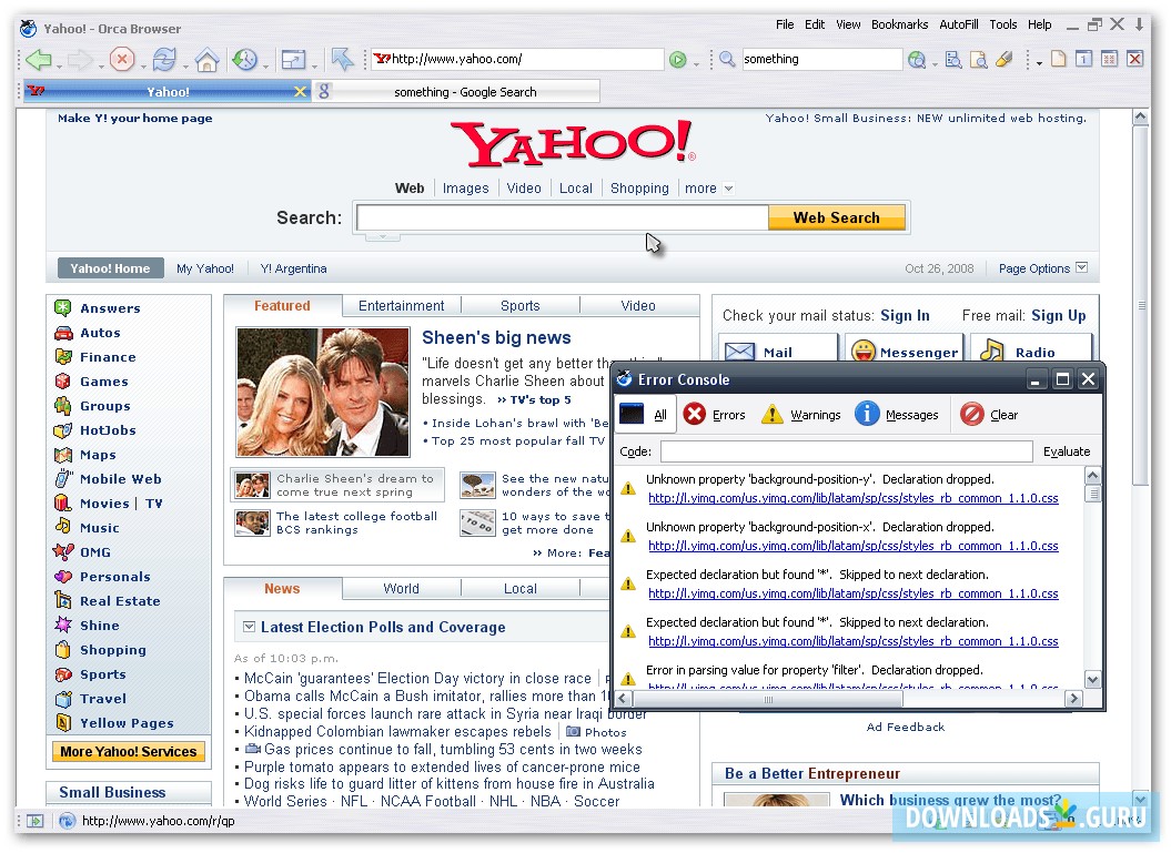 Yahoo site with error console