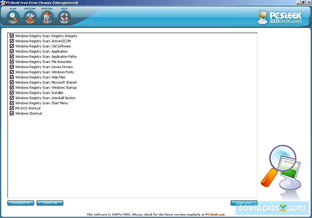 PCSleek Free Error Cleaner - Scanning Settings