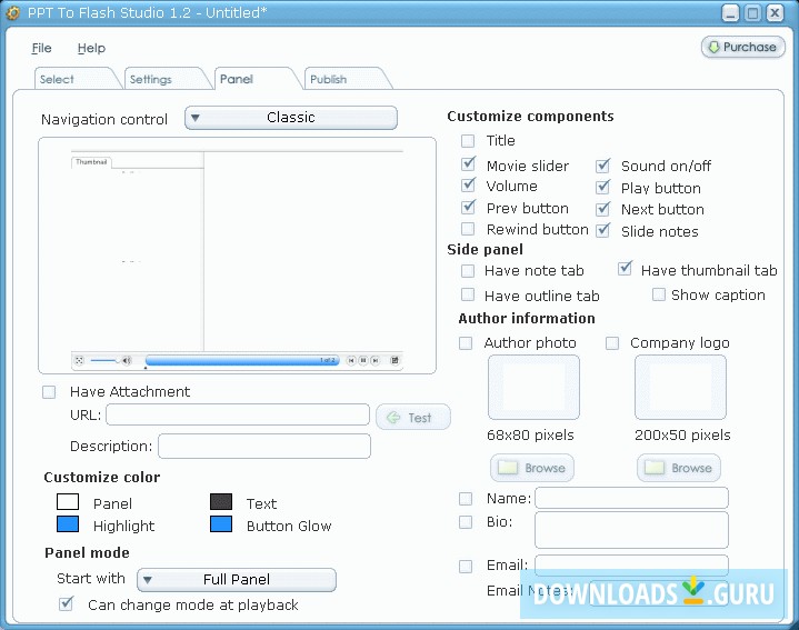 Panel options window