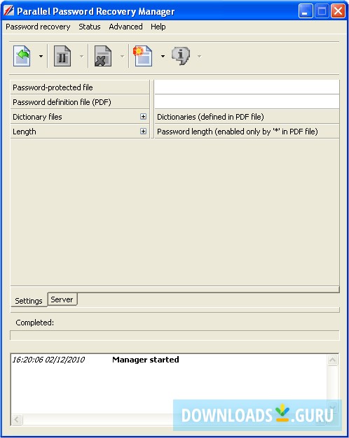 Main window of the program Parallel Password Recovery.