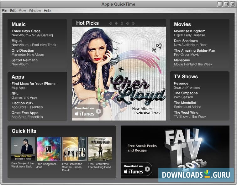 The Main Window shows a navigation panel to access popular web content on the iTunes store