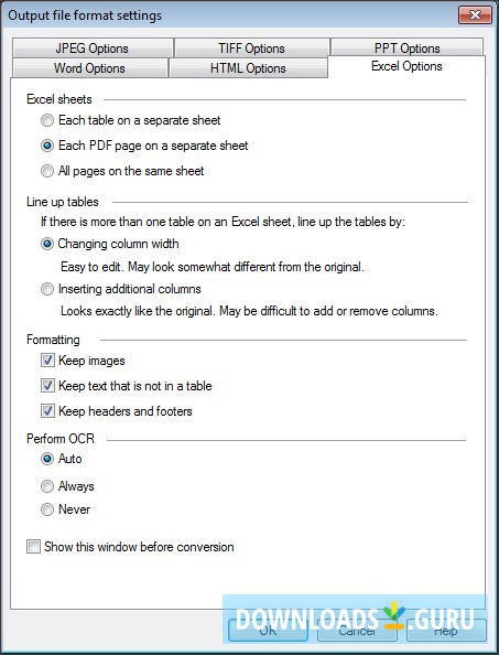 Output Settings - MS Excel Format