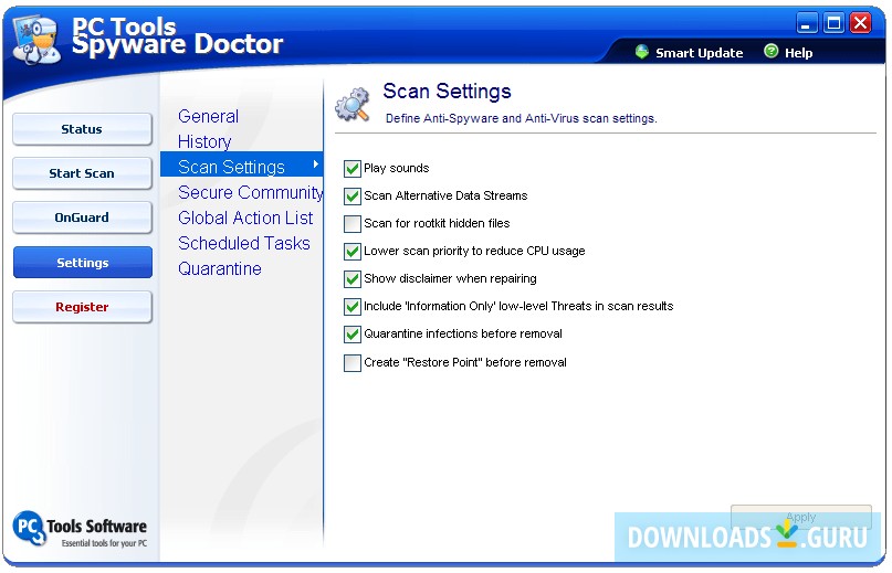 Scan settings window