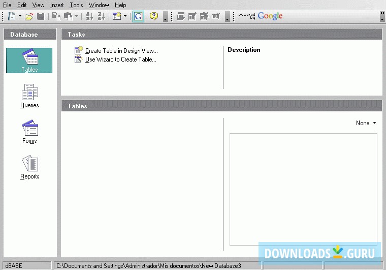 Database initial window