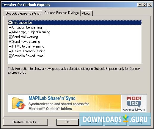 Tweaker for Outlook Express