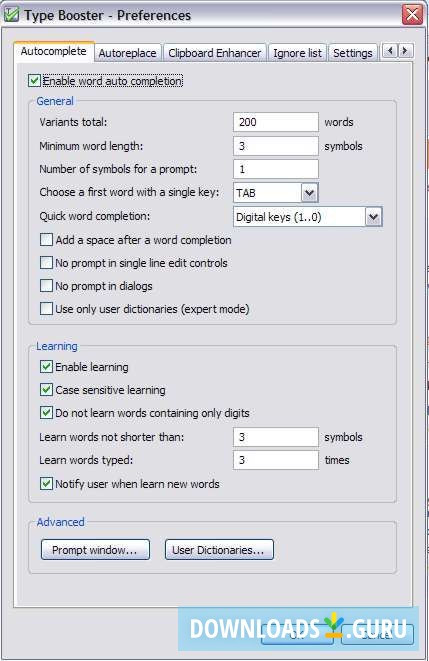 Autocomplete settings