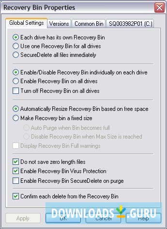 Recovery bin properties
