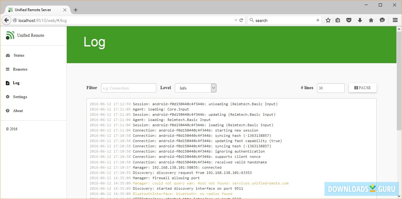 Remote Server- Log tab