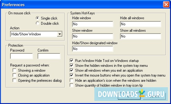 Window hide tool preferences window
