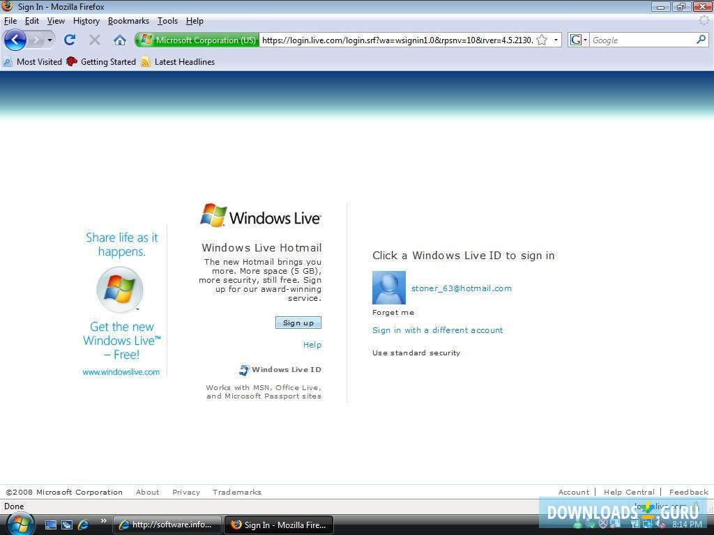 Windows Live Hotmail Default Logon Screen (only 1 user at time)