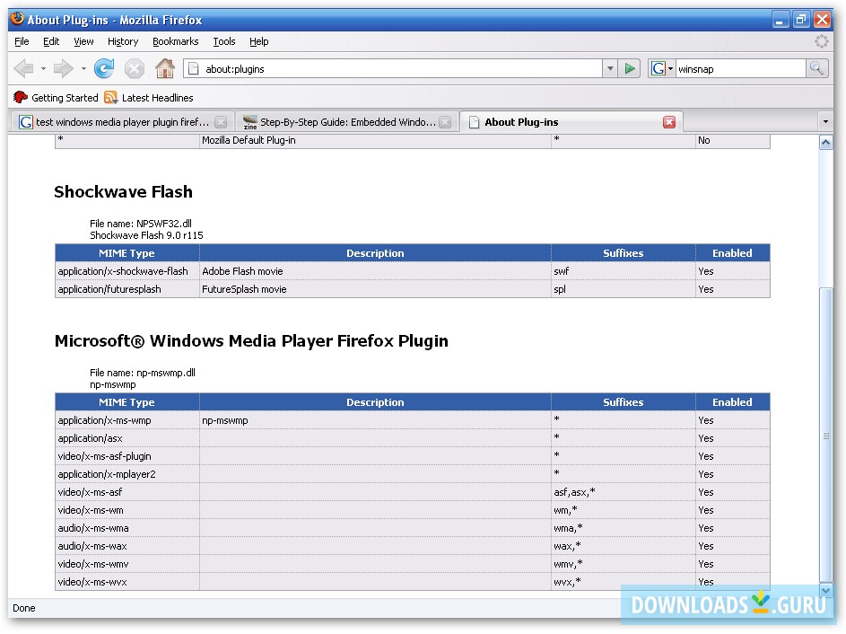 The Firefox about:plugins page with WMP11 plugin installed