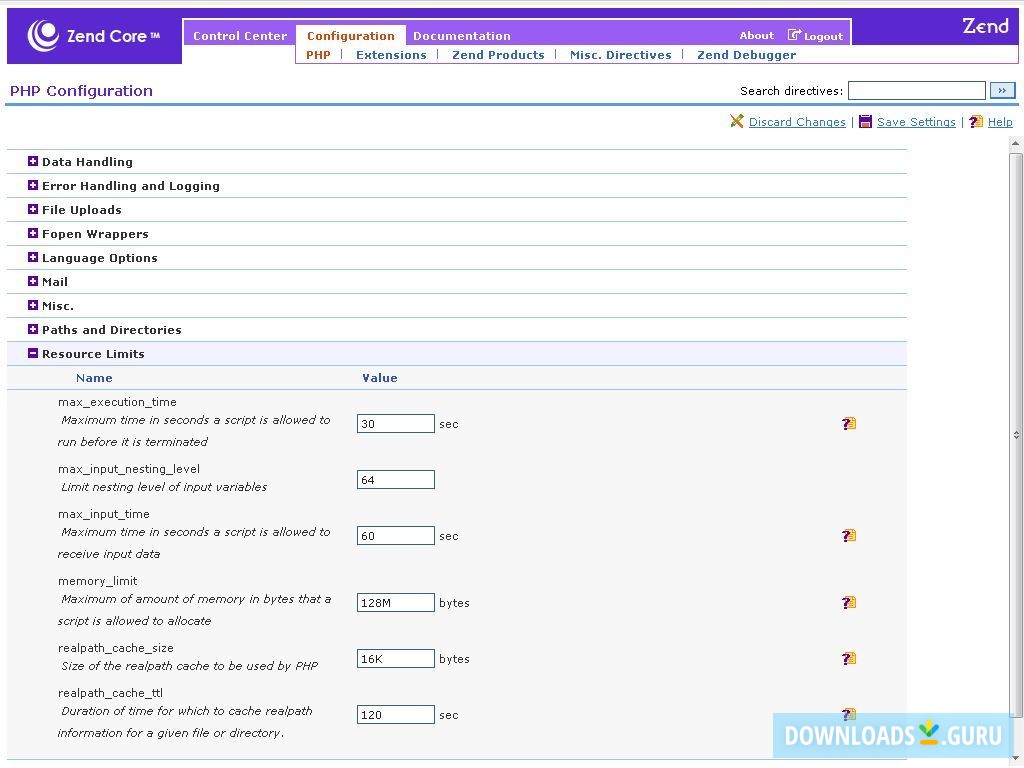 PHP configuration page