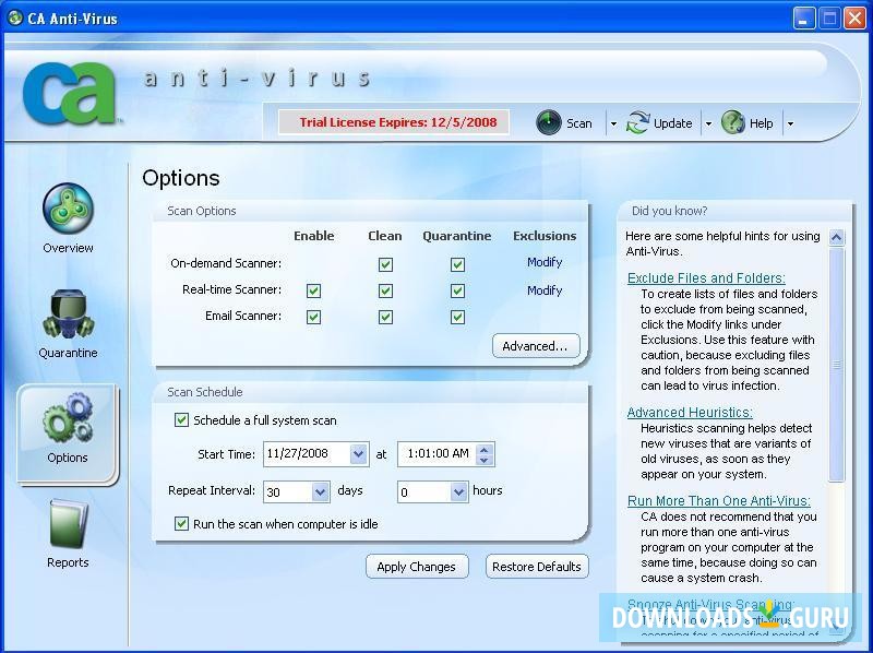 Setting up the options and the schedule scan